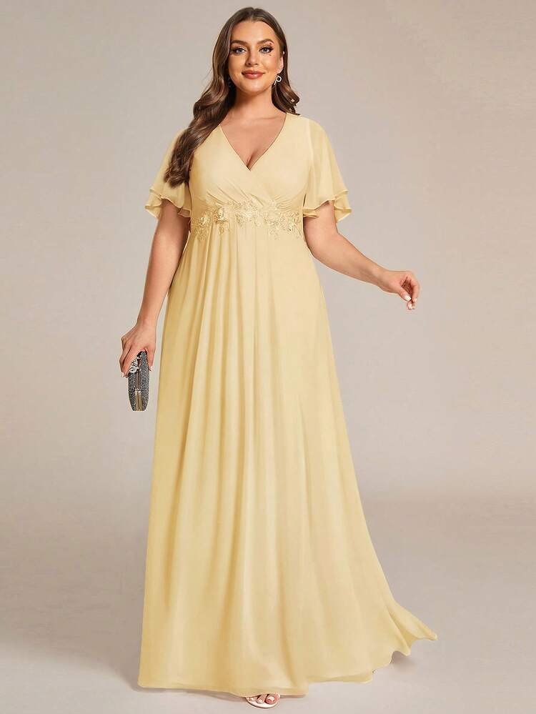 EVERPRETTY Plus Size Elegant Romantic V-Neck Waist Applique Ruffle Sleeve Chiffon Yellow Bridesmaid Dress, Long Maxi Dress Suitable For Wedding, Party, Spring & Summer