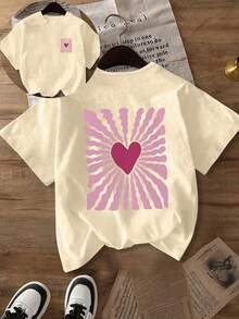 Women's Casual Washed Red Heart Graphic Round Neck Short Sleeve T-Shirt, Suitable For Spring, Summer And Autumn - Apricot - View 2