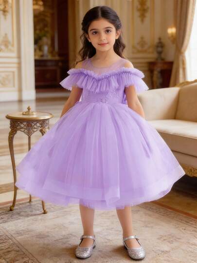Young Girl Lavender Bow Tulle Puff Dress, Elegant Princess Dress, Suitable For Girl's Birthday Party, Wedding, Flower Girl Dress, Ball Gown, Holiday Celebration
