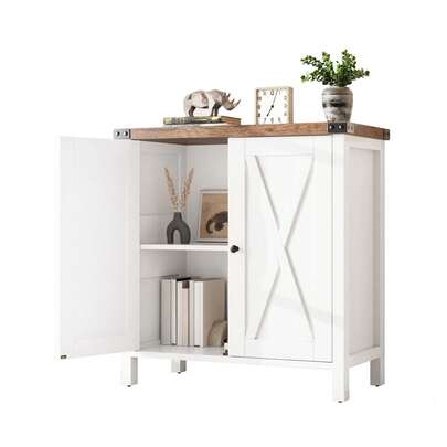 Aparador de 76 cm, estilo rústico, con 2 puertas y estantes ajustables, de madera, ideal para cocina, sala y comedor (blanco y marrón)