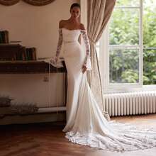 Elegant Sexy Off Shoulder Lace Long Sleeves Mermaid Satin Wedding Dress,Registry Office Dresses Bridal Gown,Evening Party Dress Birthday Party Dress Country Wedding,Romantic Church Ceremony Wedding Dress,Suitable For Wedding,Dating,Party,Singles' Party,Vacation,Formal Occasions,Dinner Dress,Prom Dress,Homecoming Dess,Cocktail Party,Wedding Guest Dress,Graduation - 白色 - 查看 2