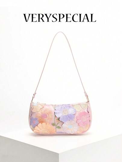 1pc Elegant Floral Applique PU Underarm Shoulder Bag, Suitable For Daily Commute, Summer Beach Travel And Leisure (Floral Pattern Randomly Sent)