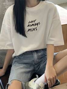 Made In Japan, Spring/Summer Cotton, Round Neck, Loose Fit, Versatile, Simple, English Print Short-Sleeve T-Shirt - White - View 2