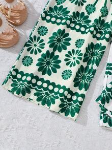 Tween Girls' Floral Print Camisole Top With Flared Sleeves + High Waist Jumpsuit With Bow Back, Fresh And Sweet, Spring/Summer - Green - View 4