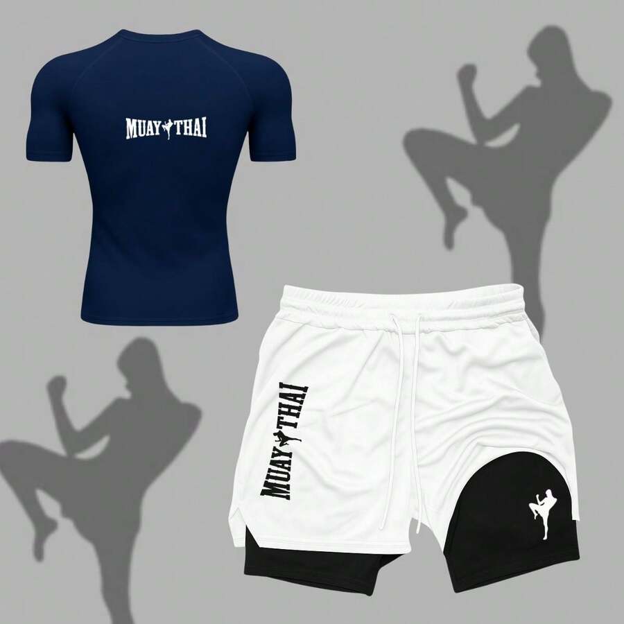 2-In-1 Shorts Set: Men's Compression T-Shirt, Muay Thai, UV Protection, And Shorts For Gym, Fighting, MMA, And Running. - 藍色 - 查看 1