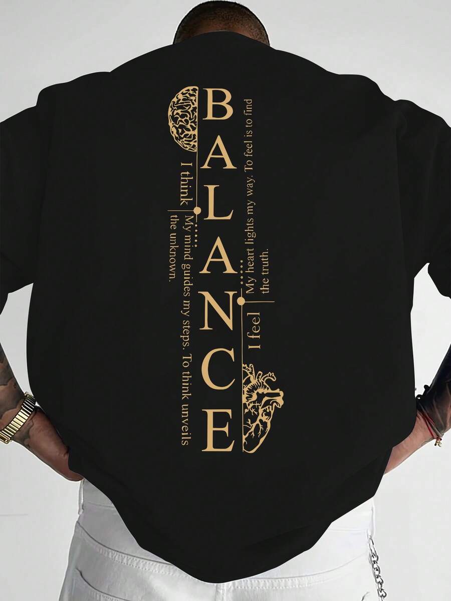 BALANCE Graphic Print, Men'S Short-Sleeve T-Shirt, Stylish Casual Round-Neck Top, Summer Outdoor Short-Sleeve Men'S Clothing - 黑色 - 查看 1