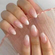 Pink Ombre Acrylic Press On Nails Short Almond Acrylic Nails Press Ons Full Cover Glue On Fake Nail With Silver Glitter Designs Reusable Artificial Stick On False Nail For Women 32Pcs - 01粉白漸變 - 查看 3