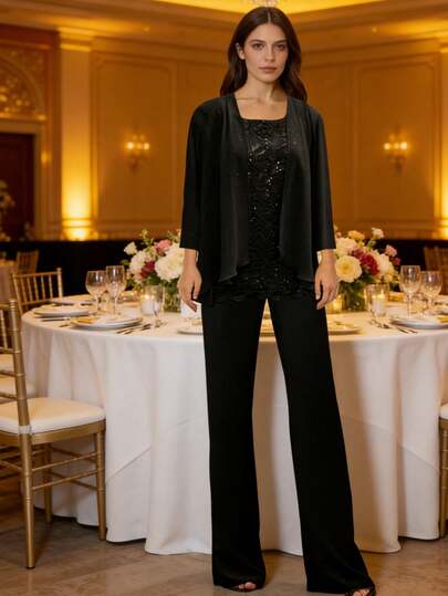 Sophisticated Two Piece Lace Chiffon Pantsuit Featuring a Round Neck Sequin Lace Top Paired with a Softly Draped Chiffon Jacket, Designed with an Asymmetrical Hem for Modern Structure and Visual Interest, Matched with Coordinated Wide Leg Chiffon Pants Creating a Slimming and Comfortable Silhouette, Lightweight Fabrics Offering Smooth Drape and Subtle Shine, Suitable for Mother of the Bride or Groom Outfit, Business Evening Events, Wedding Receptions and Semi-Formal Occasions, Ideal for Women Who Prefer Elegant Pantsuits Combining Practical Comfort, Refined Style and Confident Modern Femininity