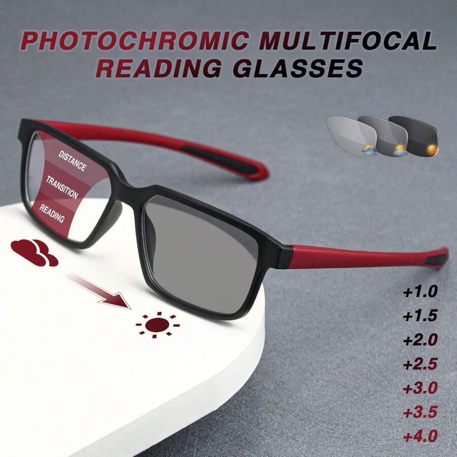 1pc Sports-Style Photochromic Multifocal Reading Glasses, 2-In-1 Progressive Lens With Light-Sensitive Tinting, Ultra-Light Frame With Minimalist Bicolor Non-Slip Temples Design, Suitable For Indoor/Outdoor, Office, Leisure & Reading - Red and Black - View 1