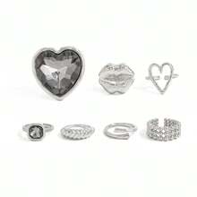 5pcs Set Of Exaggerated Black Heart Acrylic Rings, Metal Spiral Lip Rings, European And American Cross-Border Design - Silver - View 9