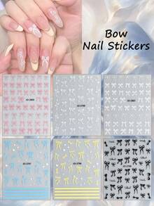 3/6 Sheets 3D Bow Knot Nail Stickers Ethereal Ribbon French Line Nail Art Decals Cute Minimal DIY Manicure - Multicolor - View 2