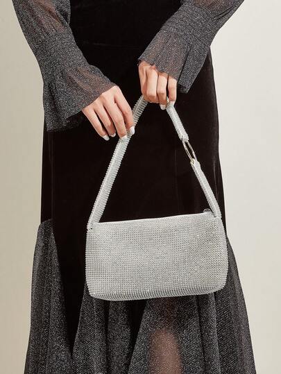 Lightweight,Large Capcity,Glamorous Glitter Bling, Sequin, Luxury, Shiny Rhinestone Decor Chain Hobo Bag Evening Bag, Dinner Bag Faux Pearl, Rhinestone For Party Girl, Woman, Bride Perfect For Party, Wedding, Prom, Dinner/Banquet