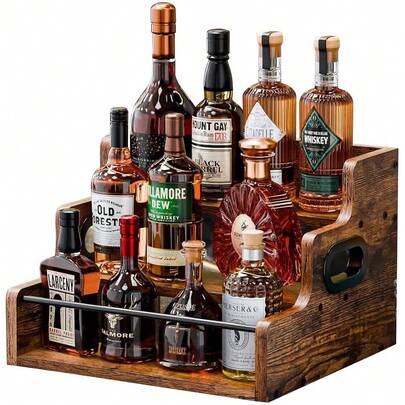 Liquor Bottle Display Shelf, Wooden Coffee Syrup Rack Organizer, 3 Step Retro Countertop Liquor Wine Rack, Mini Bar, Liquor Cabinet, Home Bar Shelf Stand Liquor Whiskey, Spirits For Party(Brown)