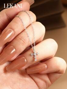 LEKANI 1pc S925 Sterling Silver Necklace,cross Pendant With Colorless Cubic Zirconia In Unique Minimalist Style,match All Outfits, Ideal Gift For Anniversary, Birthday And Daily Wear, Perfect For Besties And Girlfriends - Silver - View 6