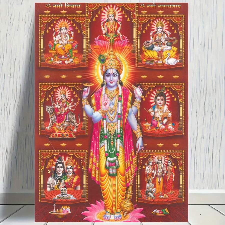 1幅无框印度教宗教艺术帆布画，色彩鲜艳，描绘了8位神灵化身（鱼、龟、野猪、人狮、持斧罗摩、罗摩、未来迦尔吉），采用高品质帆布印刷，适合客厅、家庭办公室、祈祷室装饰，色彩丰富，精美艺术品。 - 2 - 查看 1
