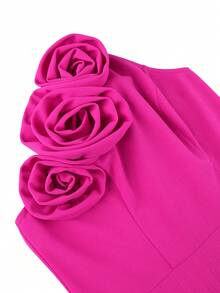 Women Elegant Fuchsia Halter Neck Pleated Maxi Dress With 3D Rose Back Tie Party Gown Wedding Guest Valentine's Day - Hot Pink - View 9
