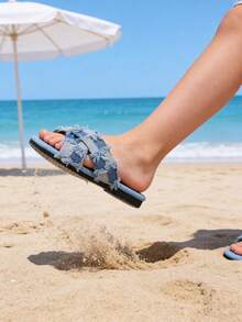 1双时尚新款流苏交叉牛仔布套脚凉鞋，防滑浅蓝色复古风儿童平底拖鞋，适合3-16岁儿童日常穿着，街头、海滩、度假皆宜，夏季复古风穿搭 - 藍色 - 查看 10