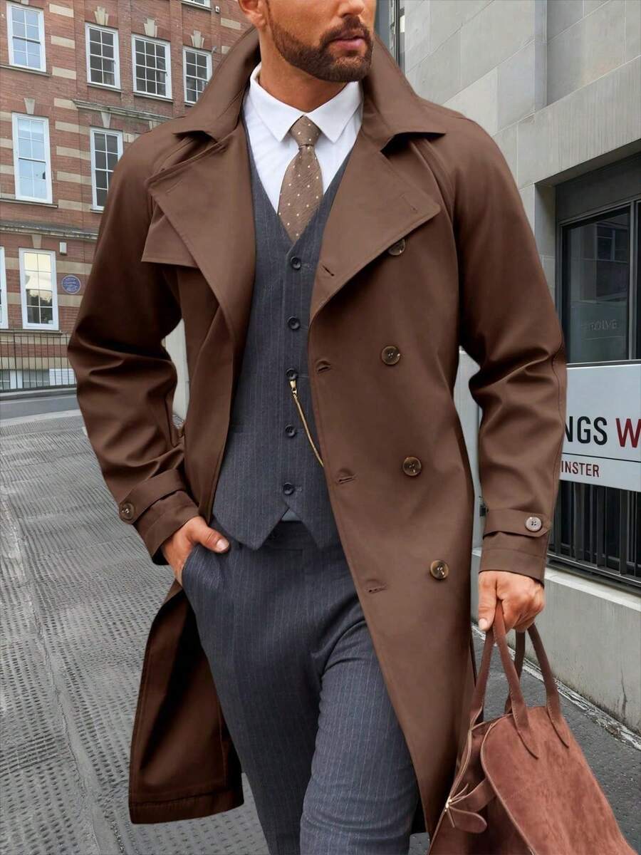 Runcati Men's Trench Coat Double Breasted Notched Lapel Casual Belted Windbreaker Fall Classic Long Jacket Overcoat - Brown - View 1
