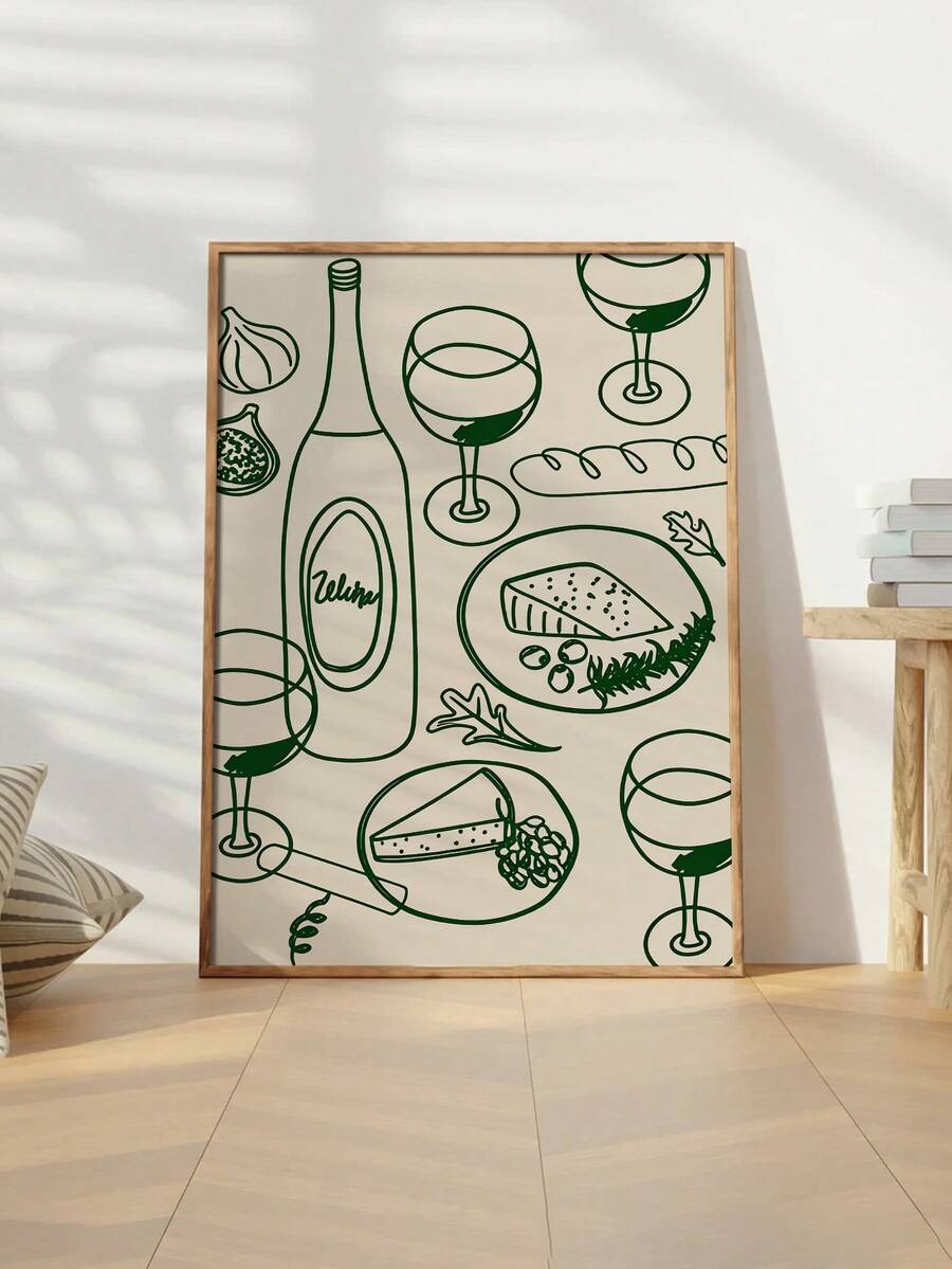 1PC Modern Kitchen Wall Art Poster-Frameless Green Wine And Cheese Canvas Print, Perfect For Home Decor, Art Deco Style, Classic Theme-Ideal For Kitchens, Home Offices, Bathrooms, Living Rooms, And Dining Rooms - Multicolor - View 1