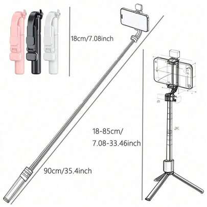 1支无线自拍杆，带三脚架和补光灯（可选），93厘米（36.6英寸）旅行自拍杆三脚架，包含遥控器、手机支架和内置三脚架