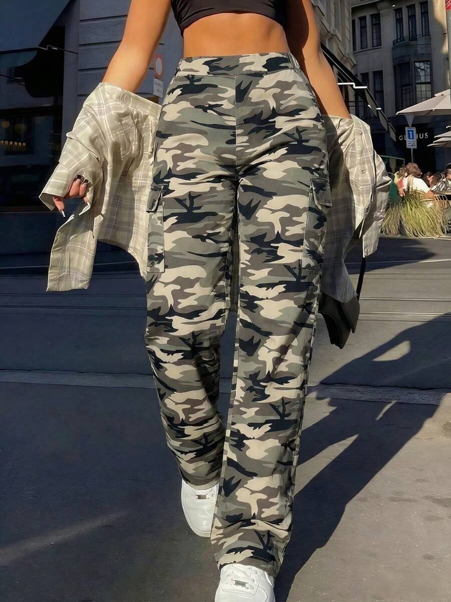 Spring Summer Women's Casual Y2K Streetwear Style Flap Pocket Camouflage Cargo Pants, Fashionable Long Pants For Daily, Date, Carnival, Business, Vacation - 軍綠色 - 查看 1