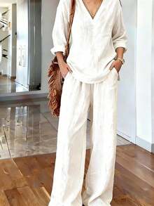 Conjunto de Primavera 2026 para Mujer: Top de Moda y Pantalones de Corte Ancho, Estilo Casual - Blanco - Ver 3