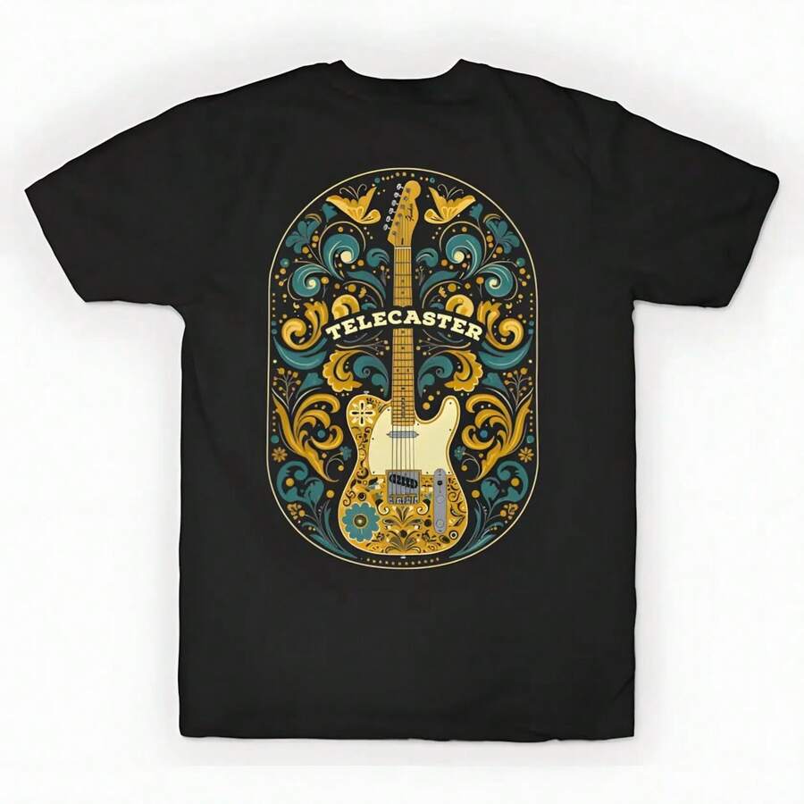 Cotton Oversized Printed-Shirt Unisex, Solid Black Casual Graphic Tee, Summer Essential Layering Top, S-3XL Telecaster, Guitar - Telecast - màu đen - Xem 1