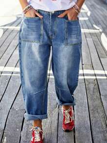 Plus Size Loose Non-Stretch Denim Jeans, Button Decor Long Denim Pants For Plus Size - Blue - View 3