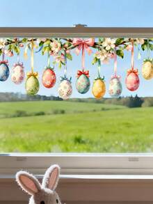 1pc Easter Bunny, Flower, Bow Tie Bunny Egg Static Cling Window Decal, 11.81x35.43 Inches, Modern Style, Disposable PVC Material - 1PC - View 4