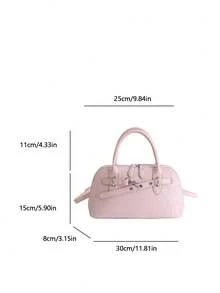 1pc Pink Solid Color Metal Lock Decor Oil Wax PU Leather 2-Way Handbag Zipper Closure Sweet Tote Shoulder Bag For Girls Daily Use - Pink - View 11