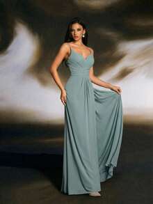 Smilprince Fashionable Long Chiffon Bridesmaid Dress, Sleeveless Spaghetti Strap Backless Design, Non-Stretch Fabric - Grey - View 2