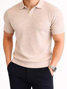 Men's Ribbed Cotton Polo Shirt With V-Neck – Sophisticated Style And Perfect Fit - Apricot - View 1