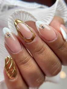 24片杏仁形星形美甲贴纸 - 法式金属光泽，3D金色花卉设计，可重复使用亚克力美甲贴纸，沙龙品质，适合女性/女孩，日常佩戴及派对美甲用品 - 彩色 - 查看 11