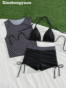 新盛源3件套欧美时尚新年情人节服装，可拆卸泳衣胸垫，女士挂脖露背系带比基尼套装，波点网纱上衣，休闲性感高弹泳衣，奢华性感优雅显瘦海边沙滩派对泳装，侧边抽绳褶皱三角裤，时尚泳装。 - 彩色 - 查看 10