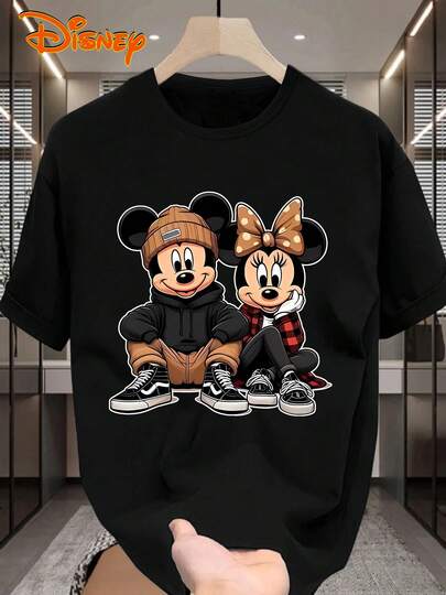 Disney 1件男士卡通米奇米妮印花短袖T恤，圆领，弹力面料，适合日常穿着，易于打理，时尚休闲男士T恤