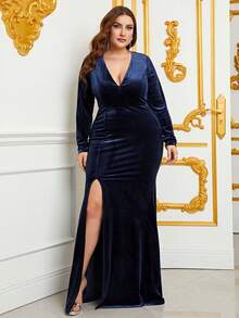 Faeriesty Vestido de noche elegante de mujer con cuello en V profundo, manga larga y espalda descubierta - Diseño de abertura alta cautivadora, corte entallado, tela de terciopelo, diseño de vestido maxi elegante, adecuado para asistir a cenas formales, celebraciones de Año Nuevo, bodas, vacaciones y eventos de gala - Azul - Ver 7