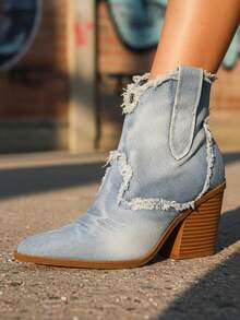 Women's Distressed Raw Edge High Heel Western Boots, Blue Embroidered Ankle Boots, Side Zipper Pointed Toe Thick Heel Design, Suitable For Various Festivals, Music Festivals, Country Parties, With Jeans, Shorts, Skirts, Overalls - 藍色 - 查看 6