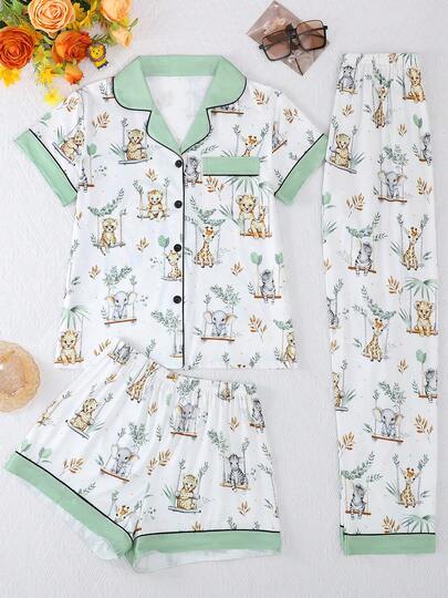 3 piezas Conjunto de pijamas de manga corta transpirables, con estampados de elefante, ciervo y tigre, diseño de cuello y puños en contraste, conjunto de ropa de dormir para mujer, pantalones cortos y largos, cuello vuelto y botones en la manga corta, adecuado para todas las estaciones, cómodo y holgado