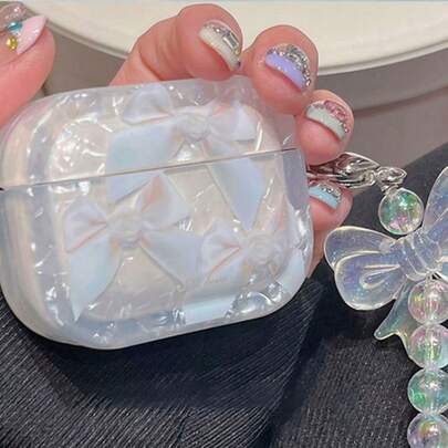 1个贝壳纹理蝴蝶结Air Pro耳机保护套，硅胶材质，带吊坠，高品质便携式耳机保护壳，防刮数码配件收纳盒，适用于耳机保护、日常携带、旅行搭配、数码配件收纳和个性化装饰。