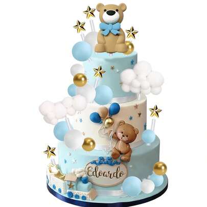 38件套蓝色蝴蝶结泰迪熊可爱迷你蛋糕装饰品，包括泰迪熊摆件、球形装饰、星星和云朵，适合泰迪熊主题派对和圣诞节。