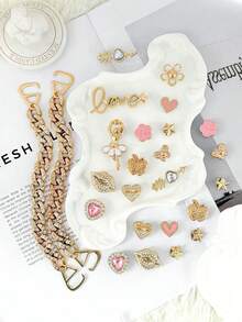 25pcs Pink & Gold Ballet Girl "LOVE" Hole Shoe Charms, Rhinestone + Pearl Material, Luxury Sweet Girl Style, Fit For Hole Shoes - Ballet Heart Lip Chain Set - View 3
