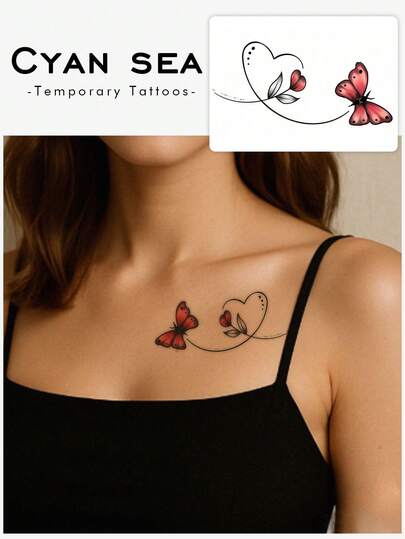 1 tatuaje temporal de San Valentín, estilo Y2K, con líneas de colores que delinean mariposas y patrones de corazones, a prueba de agua, a prueba de sudor, lavable, no reflectante, tatuaje realista para brazos y hombros, adecuado para individuos, dura de 3 a 5 días.