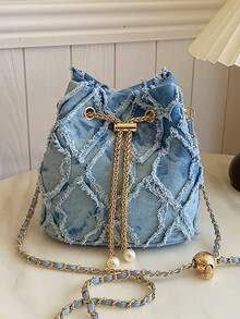 New Fashion Classic All-Match Solid Color Diamond Lattice Raw Edge Metal Drawstring Opening And Closing Design Shoulder Bucket Bag, Elegant Women's Wallet, Drawstring Fringe Shoulder Bag, Denim Bucket Bag, Women's Pearl-Embellished Drawstring Chain Crossbody Bag, Luxury Women's Crossbody Bag, Fashionable Denim Single-Shoulder Tote With Chain Strap And Diamond-Patterned Linen Trim, Wearable Crossbody Or Underarm Carry, Multi-Pocket Design, Oversized Relaxed Hobo Bag With Adjustable Strap, Pearl Rhinestone Bucket Bag, Elegant Evening Clutch, Travel Tote, Niche-Design Commuter Handbag, Distressed Fringe Shoulder Bag, Quilted Distressed Fringe Cylindrical Tote, Drawstring Tote Casual Women's Bag. Perfect For Shopping, Commuting, Parties, And Gatherings. Christmas, Thanksgiving, Cyber Monday Holiday Gifts. Velvet Party Bags For New Year's, Winter, And Snow Season. Year-End Promotions. Warm, Plush, Fur-Lined Styles.End-Of-Year Stocking Stuffers Christmas Gifts - Blue - View 6