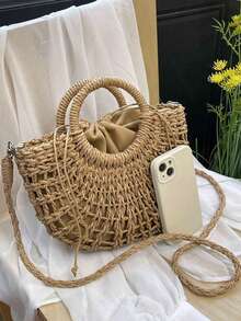 1pc Half-Moon Hollow Out Handbag, Fashionable Beach Vacation Straw Woven Bag,Vacation Bag For Summer, Perfect For Beach Vacation, Travel, Shopping, And Vacation Essentials, Eye-Catching Beach Bag Summer, Summer Straw Beach Bag For Women, Hottest Beach Bags For Women, Fashion Summer Vacation Bag, Beach Essentials Women Bags For Vacation & Holiday, Newest Holiday Bag ,Vacation Essentials , Beach Bag - Khaki - View 3