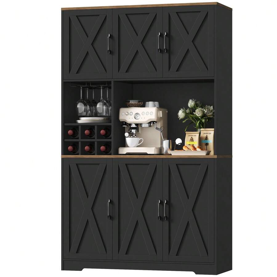 Kitchen Cupboard 41.7" X 70.9" (W X H), Kitchen Cabinets White, Pantry Cupboard With Removable Wine Rack - Black - View 1