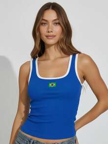 Women's Tank Top Brazil Core Square Neckline World Cup Brazilian Girl Ribbed Straps Premium Basic Stylish Versatile Clean Girl - Royal Blue - View 4