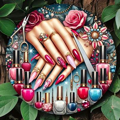 1pc 2D Flat Metal Iron Plate, Nail Art Design Tool Display, Vintage Round Metal Hanging Plaque, Easy Installation, Suitable For Bedroom, Living Room, Dining Room, Bar, Club, Cafe, Doorplate, 2D Flat