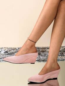 Plus Size Pointed Toe Wedge Heel Slip-On Sandals For Women, Summer New Casual Closed Toe Mule Slippers - Pink - View 2