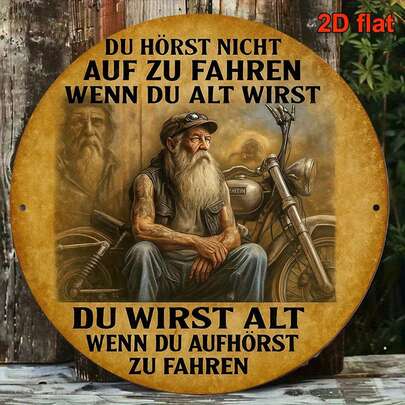 1pc 2D Flat Round French Vintage Decorative Sign Plaque "You Won't Stop Riding Until You Get Old", "Motorcycle Riding" Decor Plaque, Suitable For Garage, Bar, Cafe, Restaurant, Home, Office