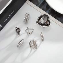 5pcs Set Of Exaggerated Black Heart Acrylic Rings, Metal Spiral Lip Rings, European And American Cross-Border Design - Silver - View 7